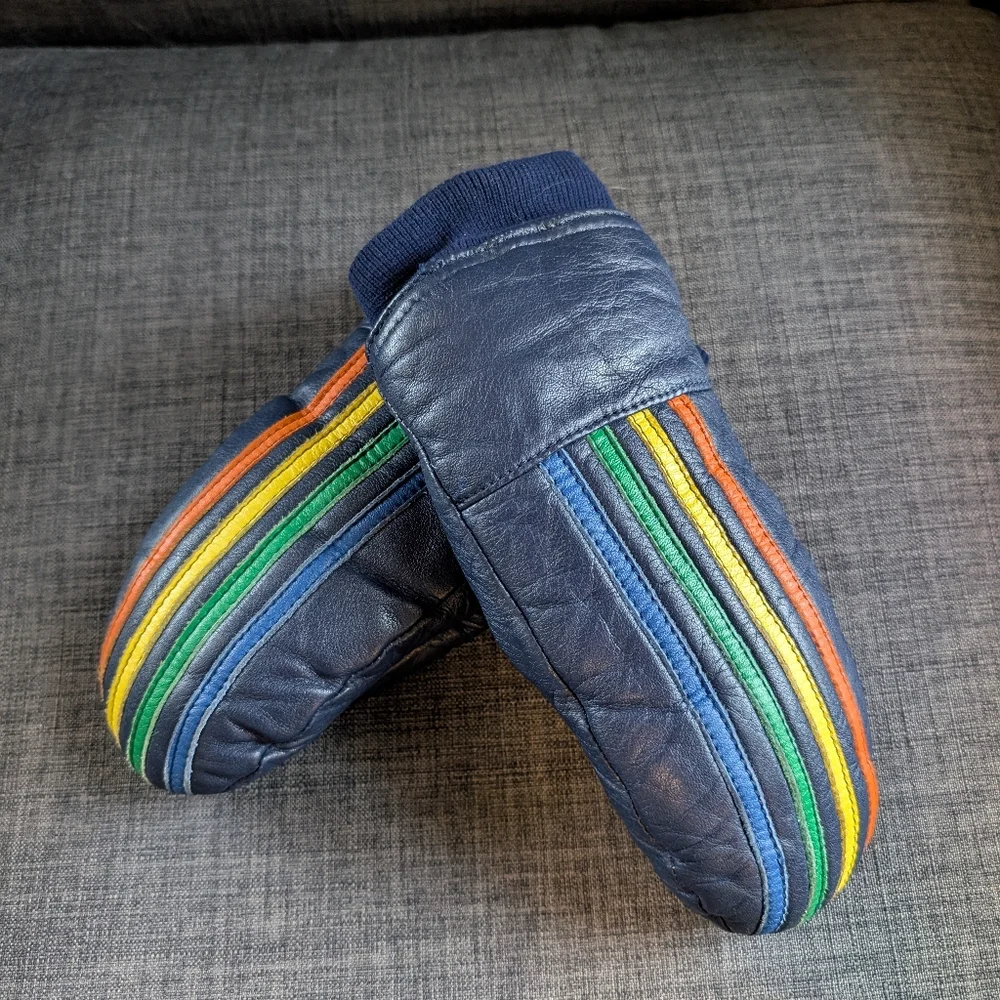 Grandoe Children Size Medium Colorful Striped Leather Mittens With Down